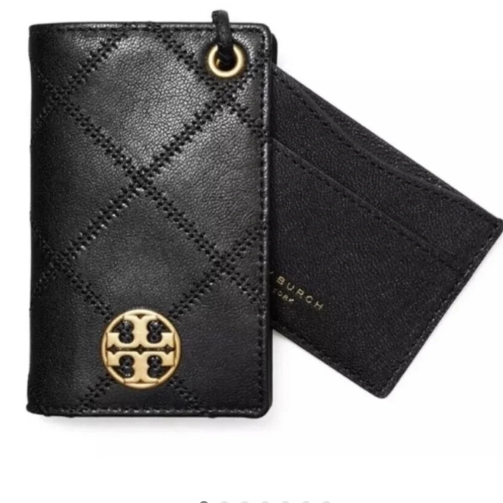Tory Burch Willa Black Quilted Card Lanyard Holder with Gold Logo